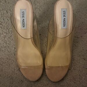 Steve Madden Clear and Tan Mules